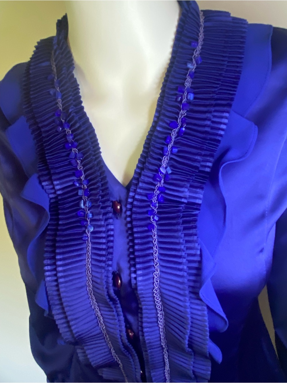 Women’s Royal Blue Ruffle-Front Button Blouse - Picture 12 of 13
